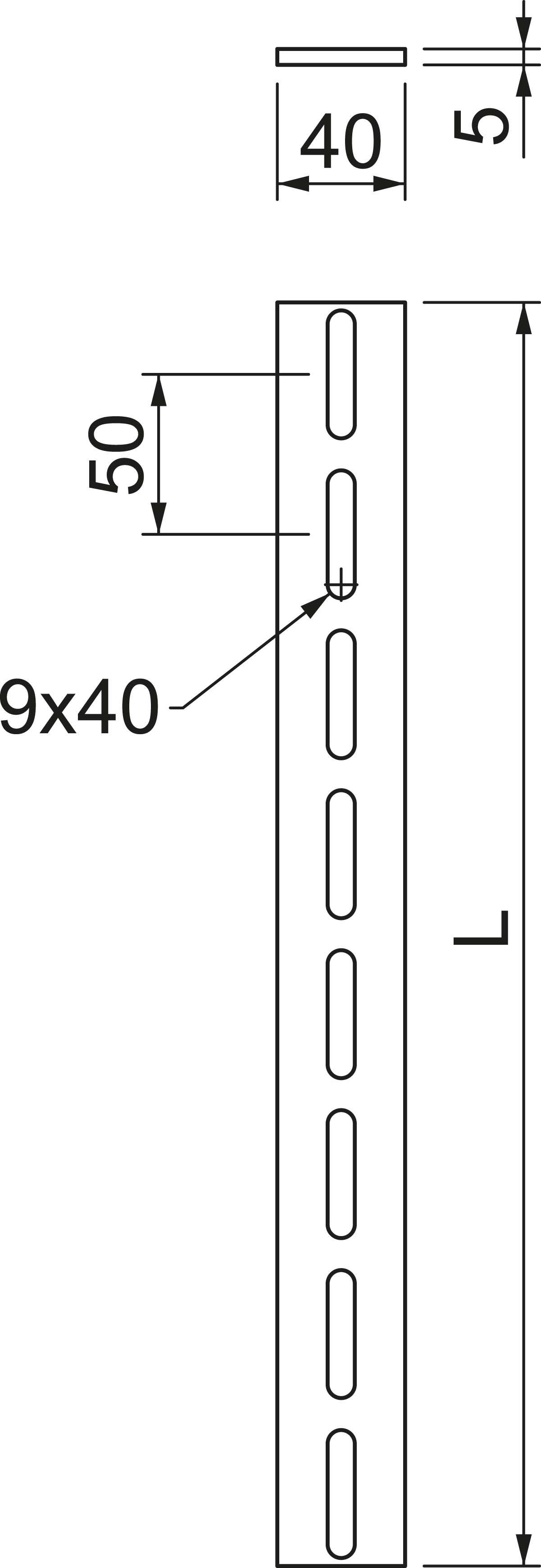 Technische Zeichnung eines Metallprofils mit rechteckigen Ausschnitten von 9x40 mm, regelmäßig über die Länge L verteilt. Maße: 40 mm und 50 mm Abstände.