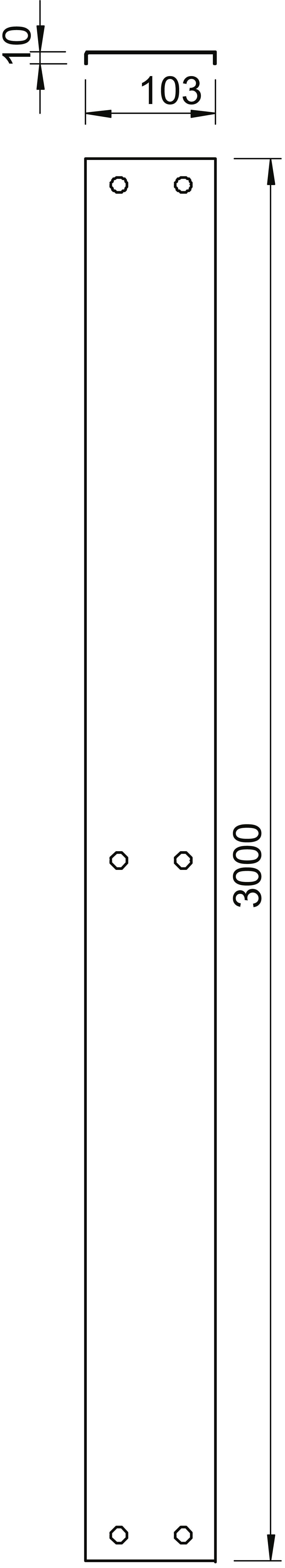 Abbildung eines rechteckigen Metallbalkens mit Maßen: Länge 2000 mm, Breite 103 mm. Vier Schraublöcher sind gleichmäßig verteilt.