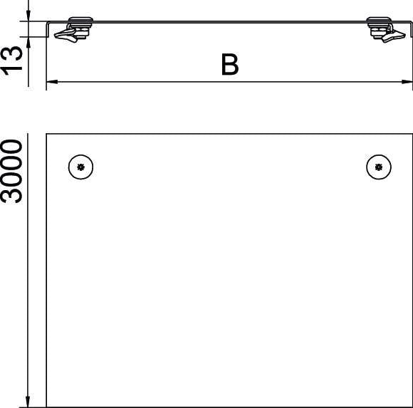 Technische Zeichnung eines rechteckigen Objekts (3000mm hoch), mit einer Beschriftung 'B'. Montagedetails oben mit Schrauben gezeigt.