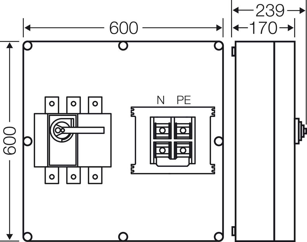 Technische Zeichnung eines elektrischen Schaltkastens mit Maßen: 600x600mm, seitlich 170mm tief. Schalter und Anschlüsse sichtbar.