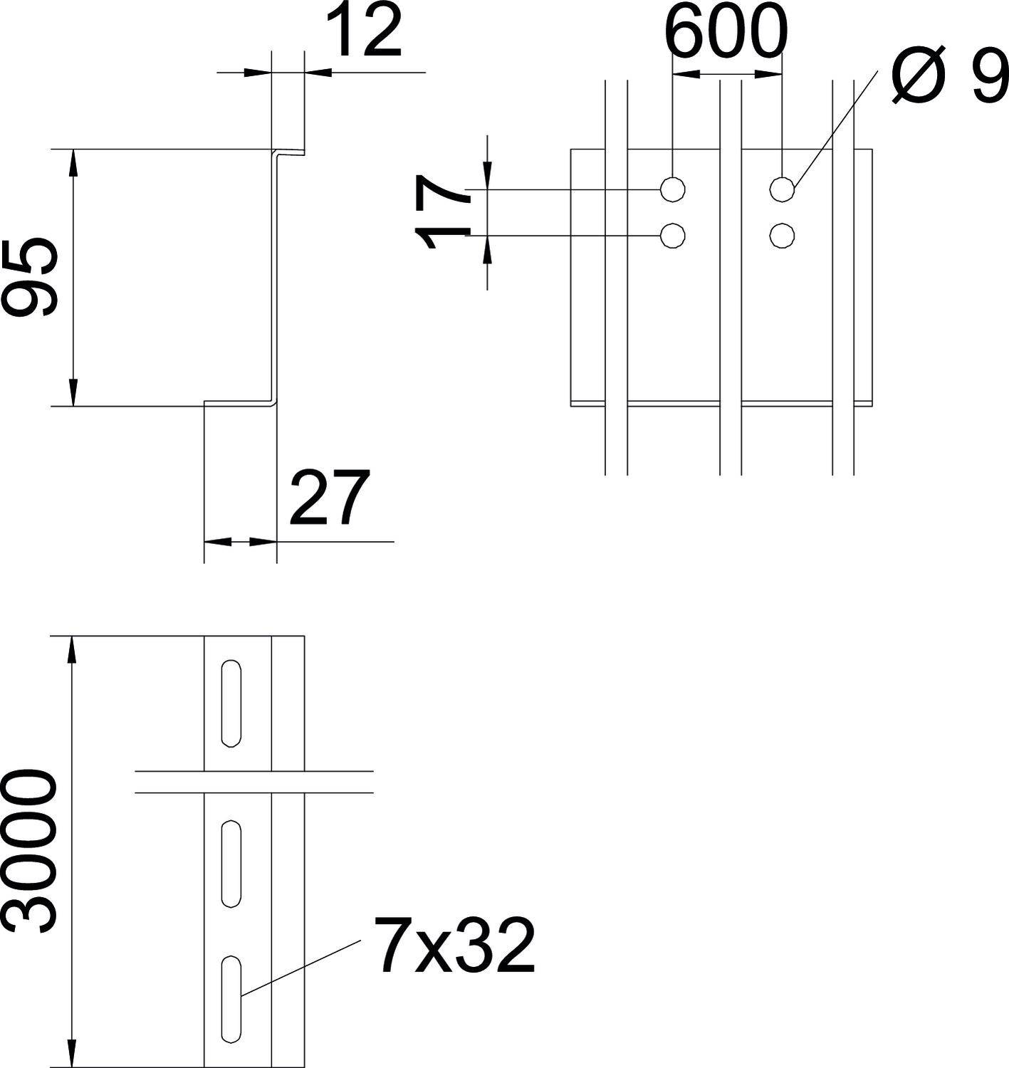 Technische Zeichnung eines Metallprofils mit Maßen: Höhe 95 mm, Breite 27 mm, Länge 3000 mm. Löcher: Ø 9 mm, Abstände 600 mm, 7x32 mm.
