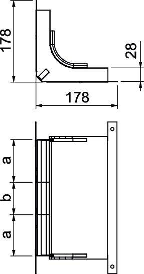 Technische Zeichnung zeigt zwei Ansichten eines rechteckigen Bauteils mit Maßen 178mm x 28mm und seitlicher Ansicht mit Kurvenmaß.