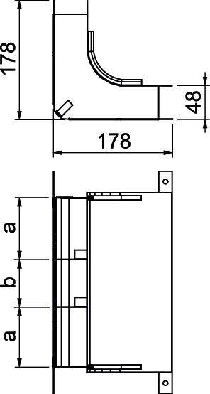 Technische Zeichnung eines Rohrabschnitts mit Winkeln und Maßen in Millimetern: 178 mm Länge, 178 mm Breite, 48 mm Höhe.