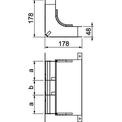 Technische Zeichnung eines Rohrabschnitts mit Winkeln und Maßen in Millimetern: 178 mm Länge, 178 mm Breite, 48 mm Höhe.