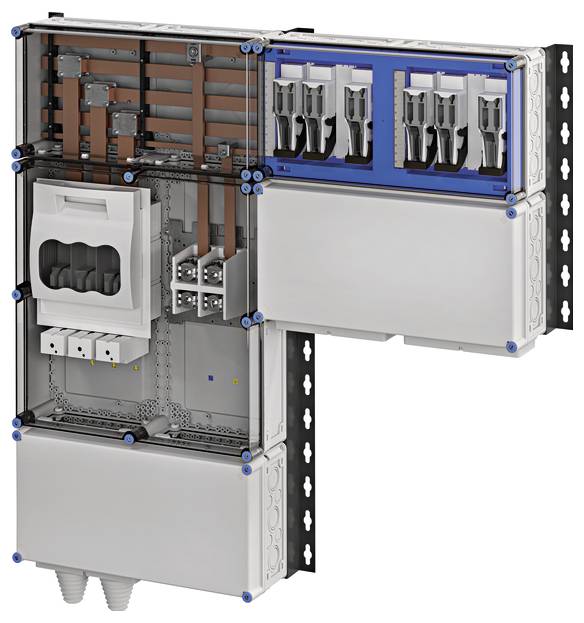 Ein offener, modularer, elektrischer Schaltschrank mit sichtbaren Leitungen und Komponenten, geeignet für industrielle Anwendungen.