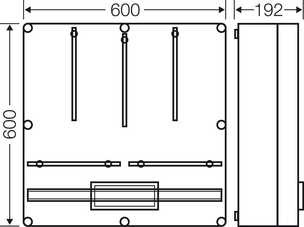 Technische Zeichnung eines Kastens mit Maßen: 600x600x192 mm. Zeigt Innenstruktur mit Stangen und einem zentralen rechteckigen Bereich.