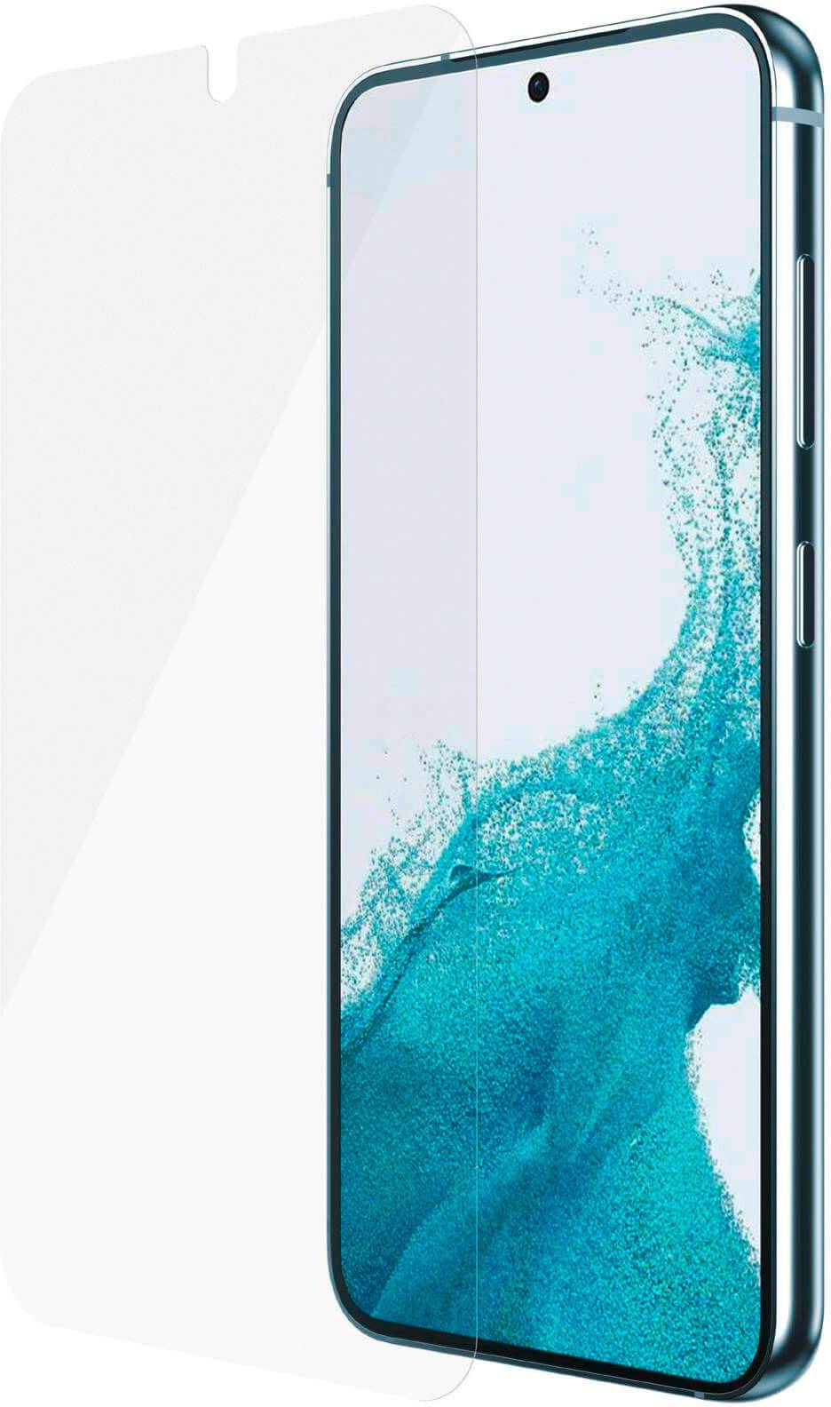 Smartphone mit blauer Bildschirmhintergrundgrafik und montierter transparenter Displayschutzfolie; Ansicht der Vorderseite.