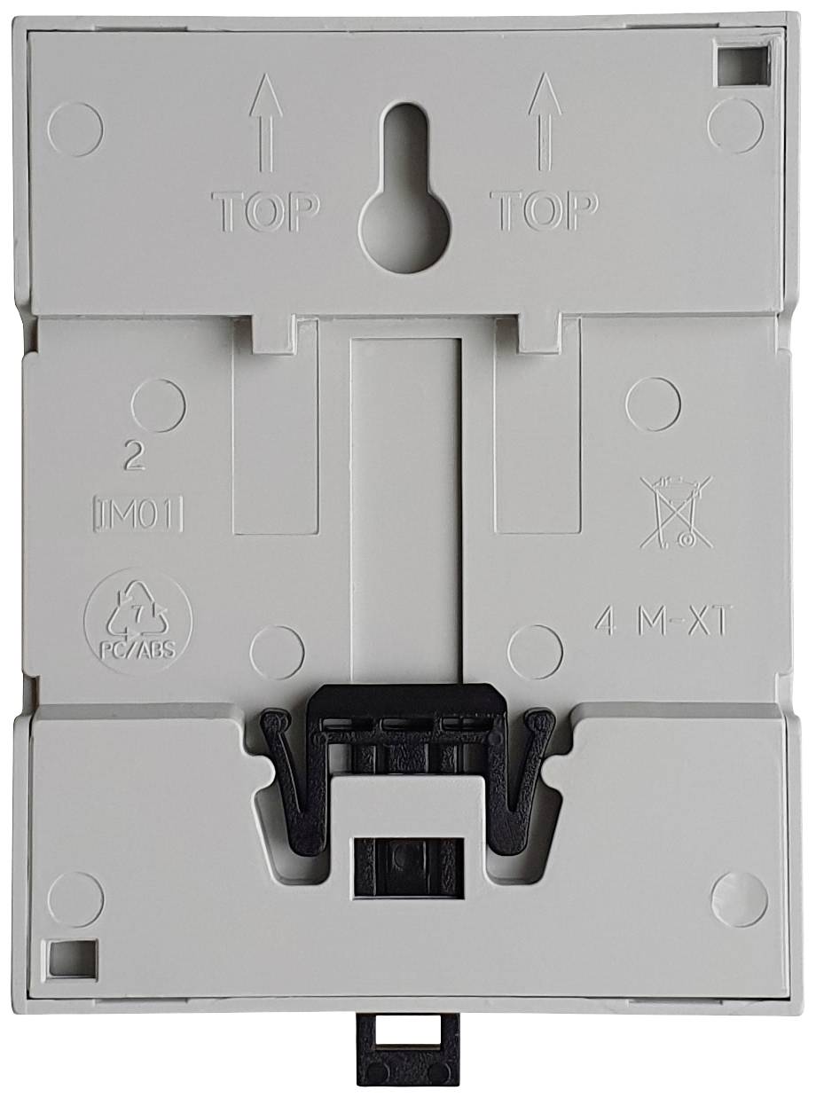 Weiße Kunststoffplatte zur Wandmontage mit Schraubhalterungen und Recycling-Symbol. Oberseite mit Pfeilen und dem Wort 'TOP'.