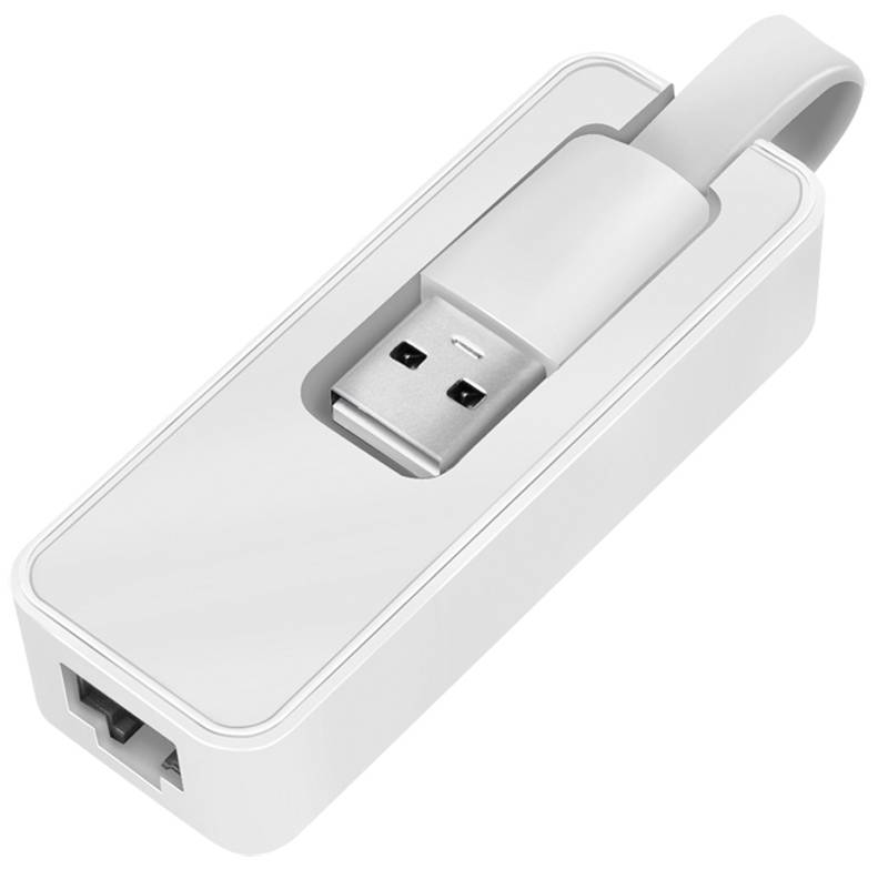 Ein weißer USB-zu-Ethernet-Adapter mit einem angeschlossenen USB-Kabel und einer Ethernet-Buchse.
