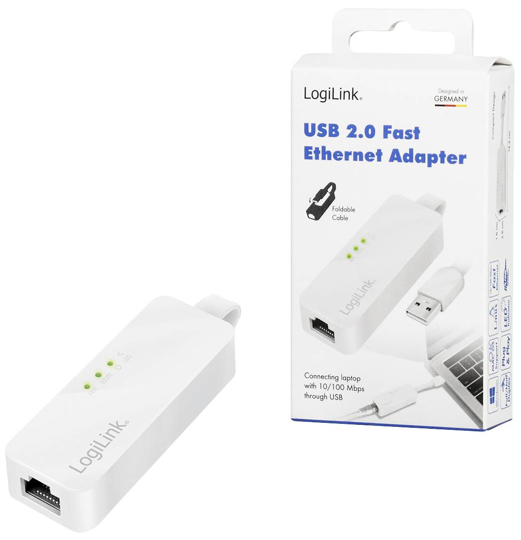 'LogiLink USB 2.0 Ethernet Adapter' auf Verpackung. Adapter für Laptop-Internetverbindung über USB, mit 10/100 Mbps Geschwindigkeit.