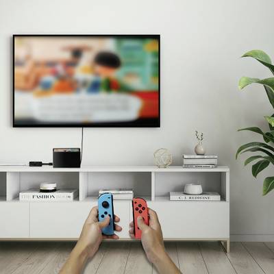 Ein Fernseher zeigt ein Videospiel. Zwei Hände halten bunte Controller. Im Hintergrund steht ein weißes Regal mit Dekorationen.