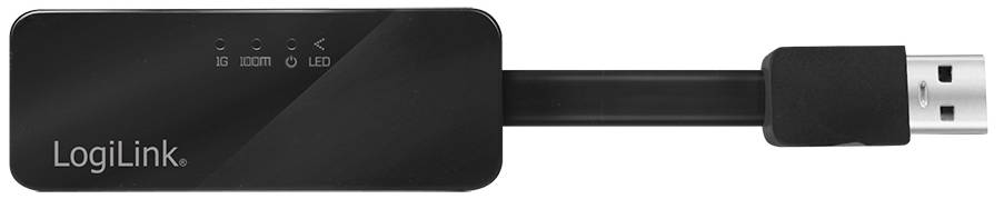 Ein schwarzer LogiLink USB-Adapter mit vier LED-Anzeigen und einem kurzen Kabel.