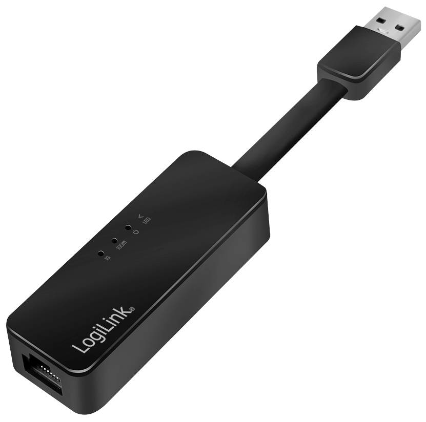 USB-zu-Ethernet-Adapter von LogiLink, schwarz. Gerät bietet Netzwerkschnittstelle über USB-Verbindung. Klein, tragbar, mit Ethernet-Anschluss.