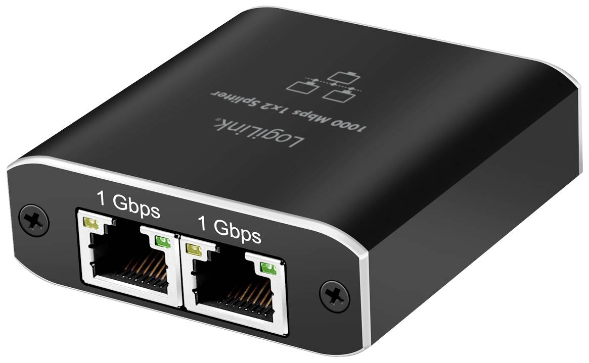 Schwarzer Ethernet-Splitter mit zwei LAN-Anschlüssen, die jeweils mit '1 Gbps' gekennzeichnet sind. Oben das Firmenlogo.