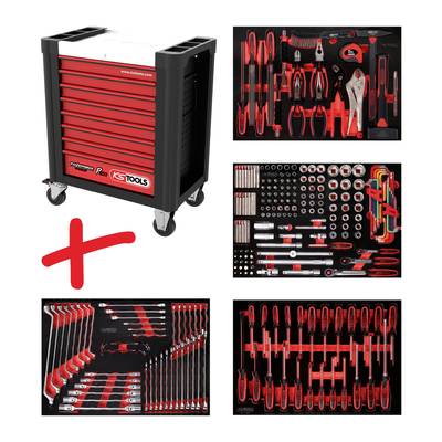 Werkzeugwagen von KS Tools mit acht Schubladen. Daneben Abbildungen mit verschiedenem Werkzeug wie Schraubenschlüssel, Zangen und Steckschlüssel-Sets.