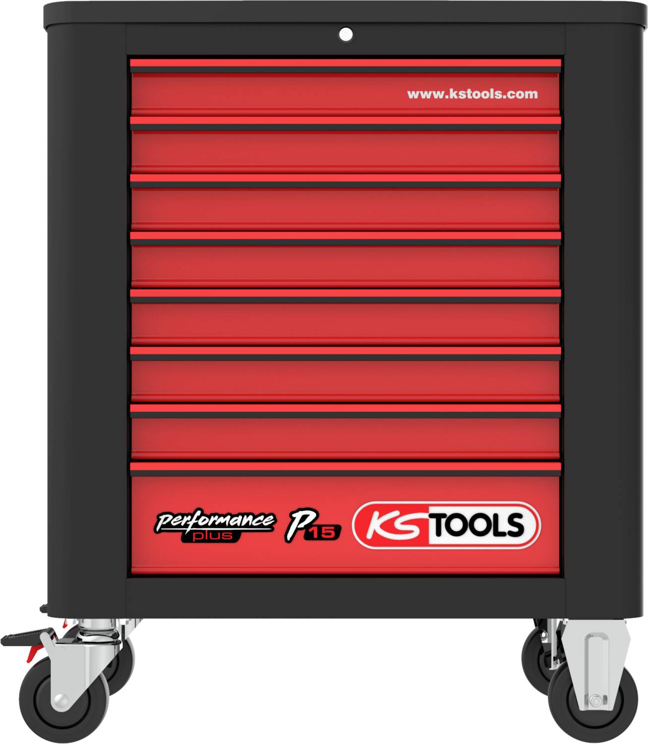 Roter Werkstattwagen mit acht Schubladen, schwarzer Rahmen, auf Rollen. Marke 'KS Tools' in der unteren Ecke sichtbar.