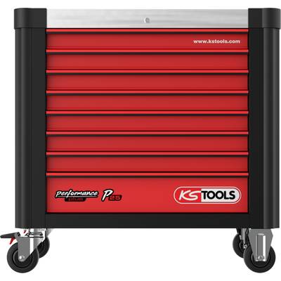 Roter Werkzeugwagen mit acht Schubladen, beweglich auf Rollen. Aufschrift: 'KS Tools'.