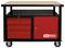 Werkbank mit Metallrahmen, Holztischplatte, drei abschließbaren roten Schubladen und einem roten Schrank auf vier Rollen.