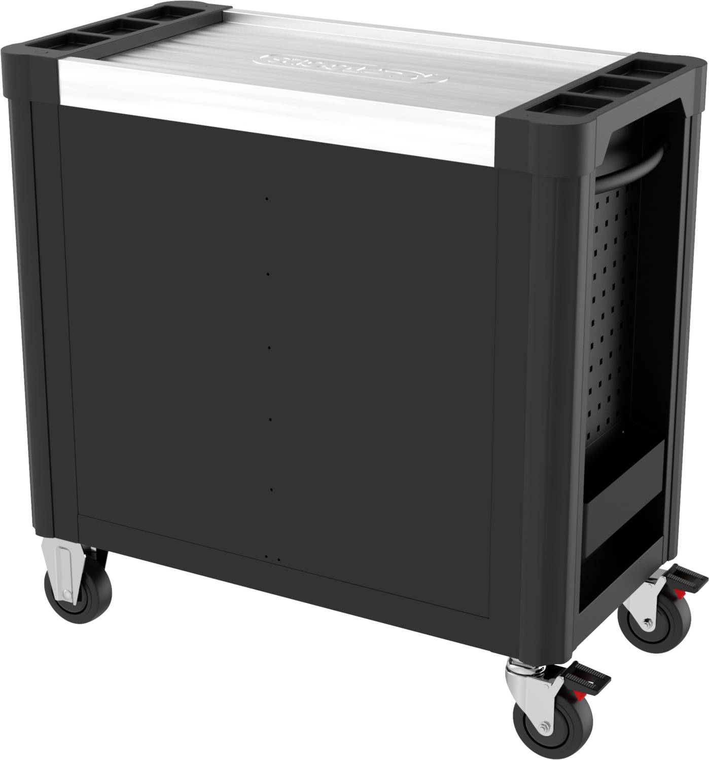 Rollwagen mit schwarzen Seiten und einem silbernen oberen Deckel, ausgestattet mit vier Rollen, die sich leicht bewegen lassen.