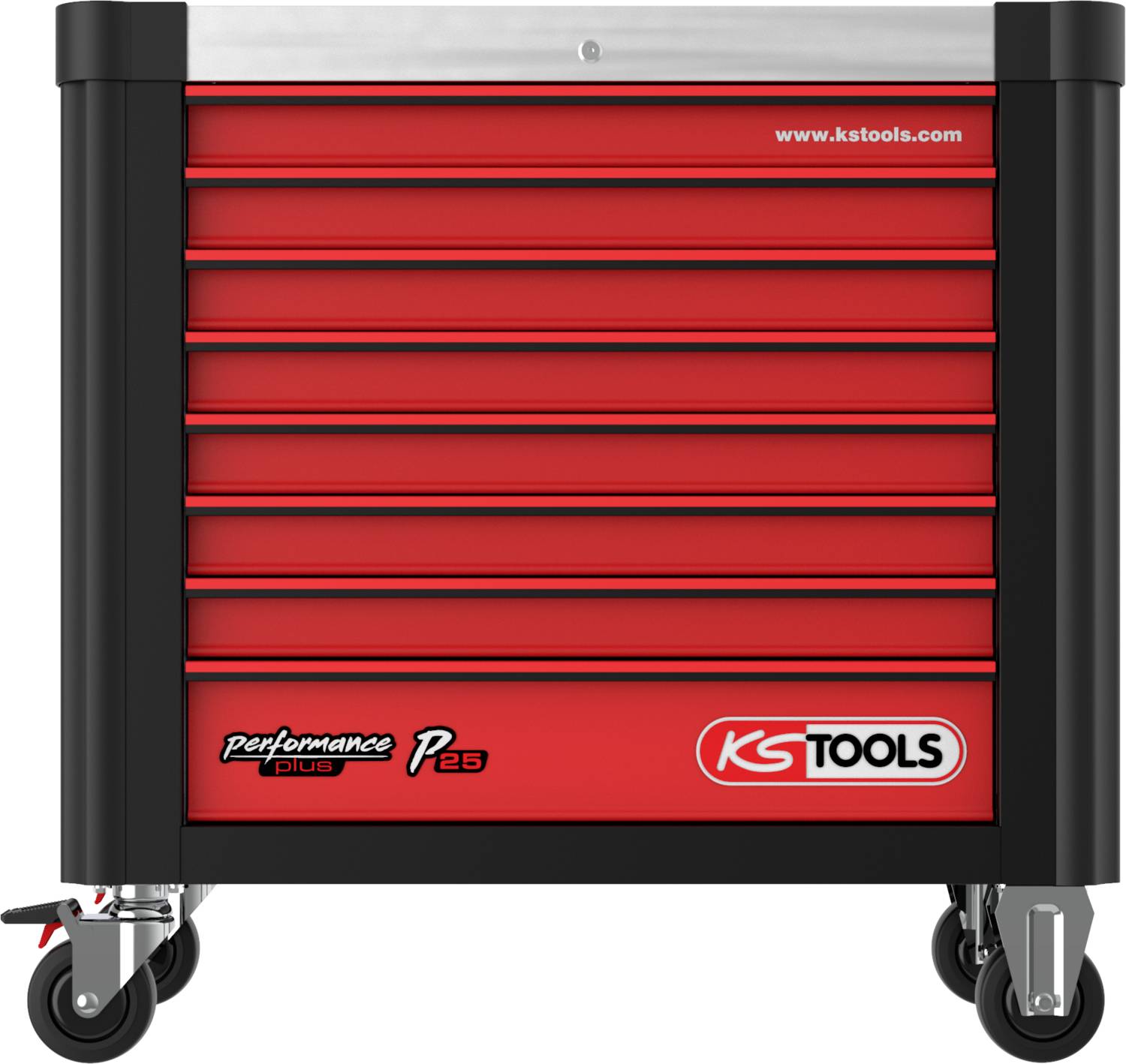 Roter Werkzeugwagen mit mehreren Schubladen, Metalloberfläche und Rollen. Logos 'performance plus P225' und 'KS Tools' auf der Vorderseite.