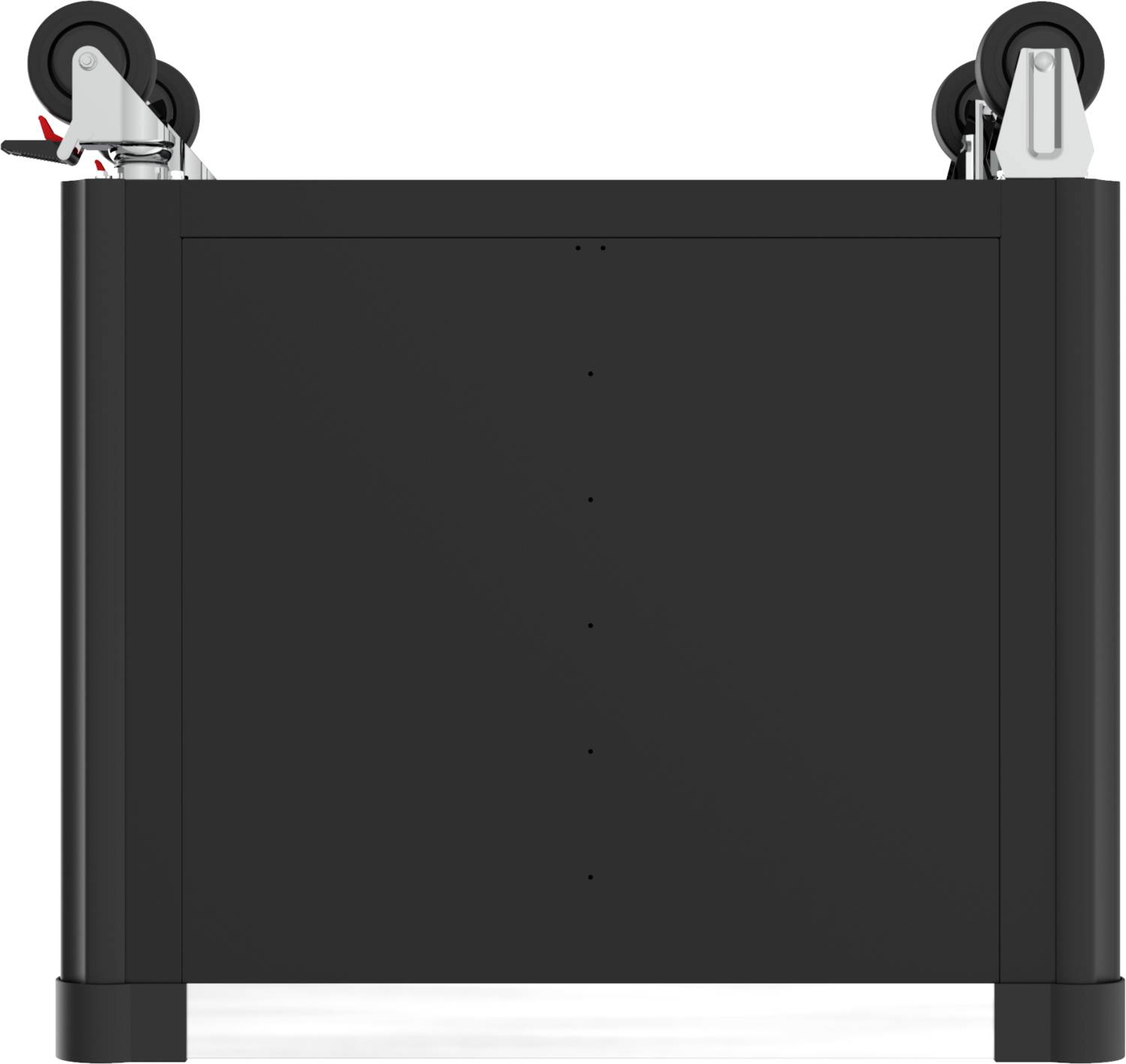 Schwarze, rechteckige Box auf Rädern, Ansicht von der Vorderseite.