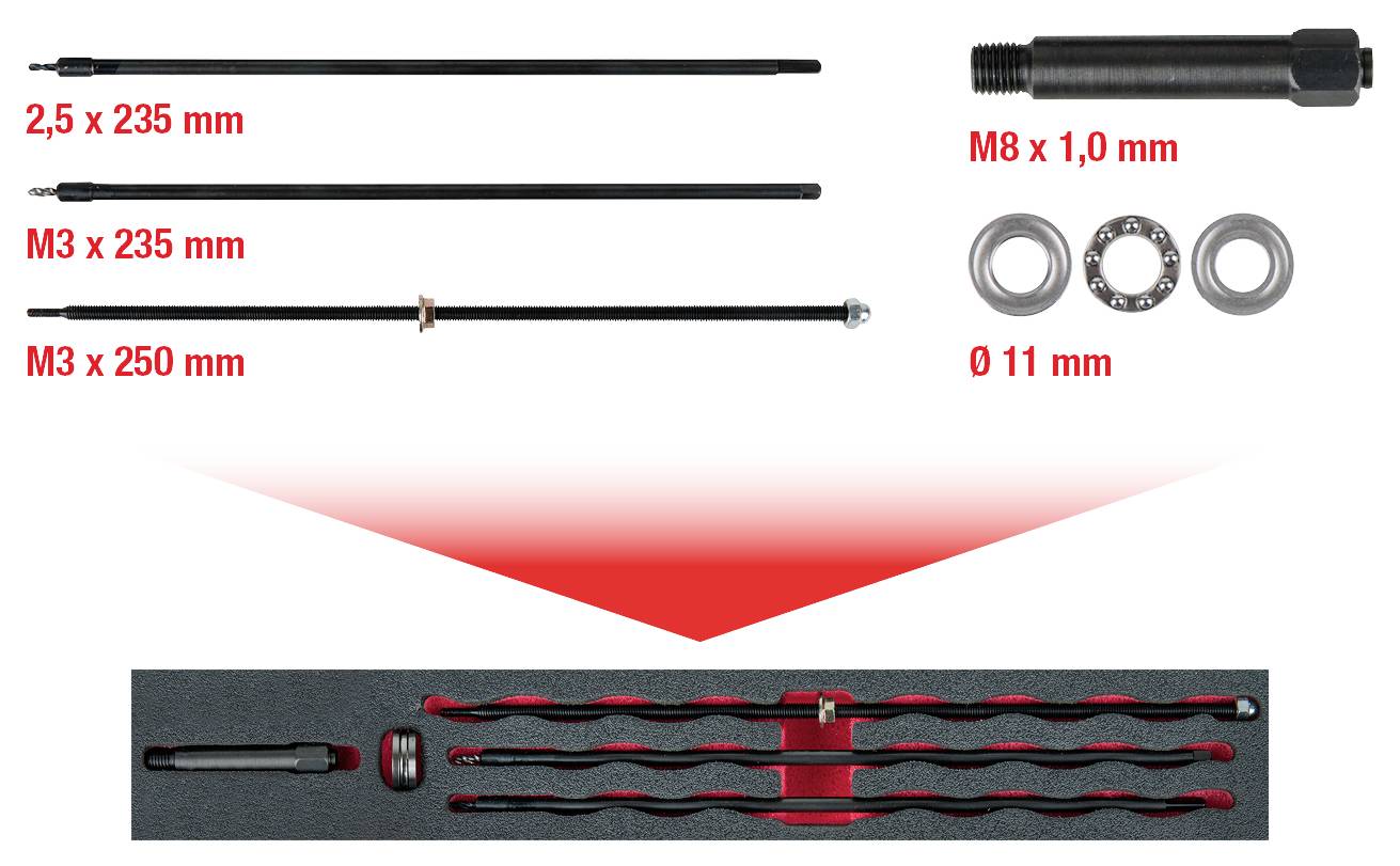 'Satz von Stäben und Ringen in verschiedenen Größen. Enthalten: Stäbe 2,5 x 235 mm, M3 x 235 mm, M3 x 250 mm; Ringe M8 x 1,0 mm, ⌀ 11 mm.'