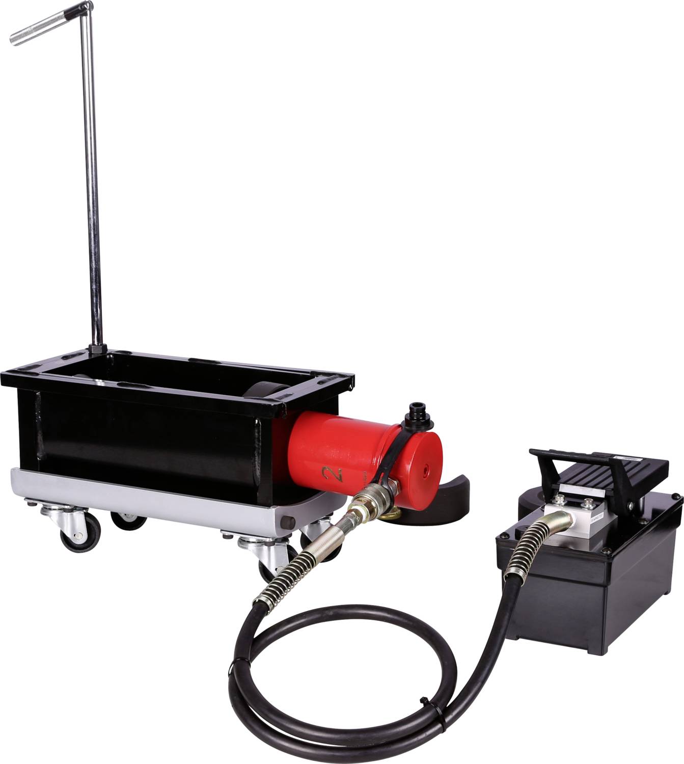 Mobiler Hydraulikheber mit Fußsteuerung, Schlauchverbindung und Rollen. Geeignet für präzise Hubanwendungen in Werkstätten.