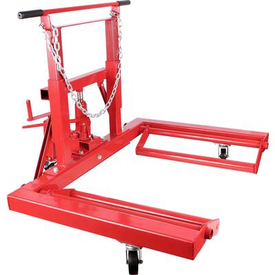 Ein roter Motorheber mit Rollen und Ketten zur Stabilisierung. Verwendet, um Motoren in Kfz-Werkstätten zu heben und zu bewegen.
