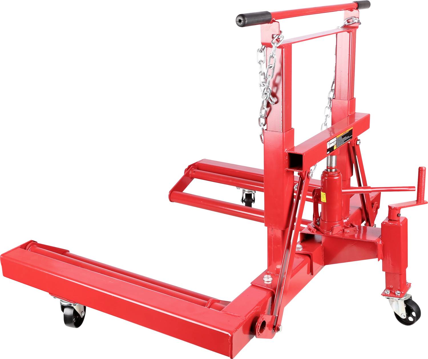 Ein roter Motorheber mit Hydraulikpumpe und Rollen zur einfachen Bewegung. Ideal für das Anheben von schweren Motoren in Werkstätten.