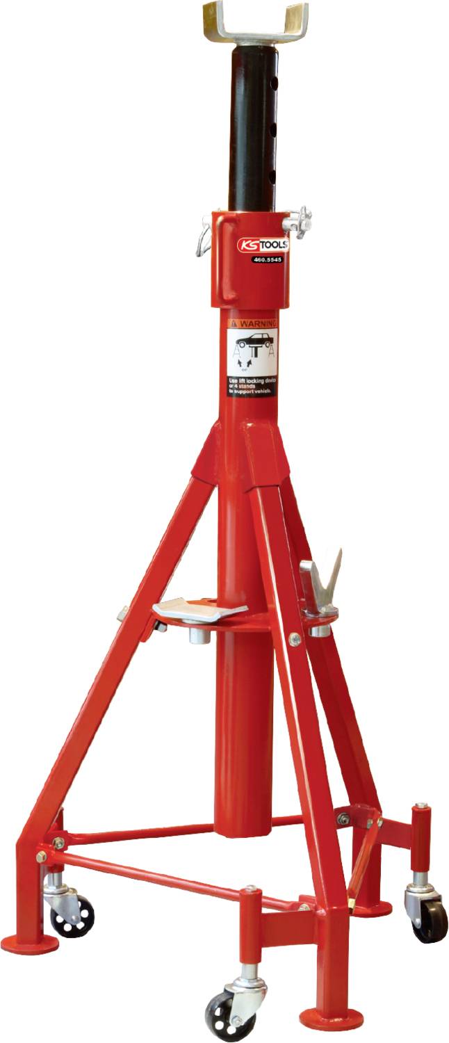Rote hydraulische Getriebeheber mit vier Rädern und verstellbarer Höhe, für die Hebeunterstützung schwerer Lasten in der Autowerkstatt.