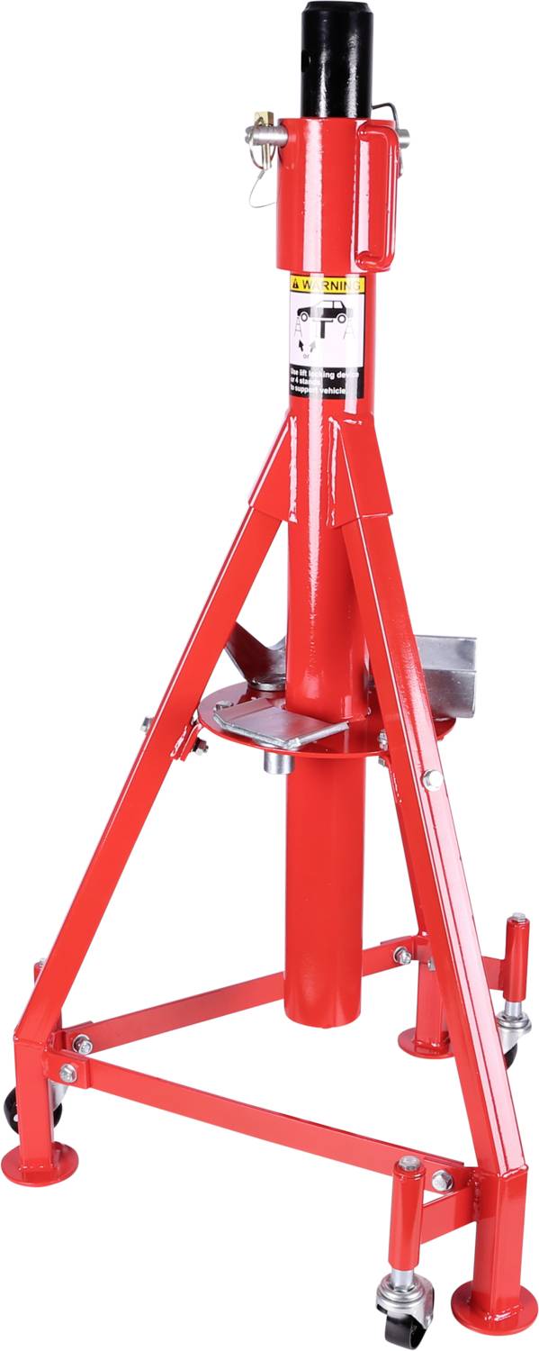 Roter, dreibeiniger Wagenheber mit hydraulischem Kolben und Rollen. Verwendet zum Anheben von Fahrzeugen für Wartungsarbeiten.