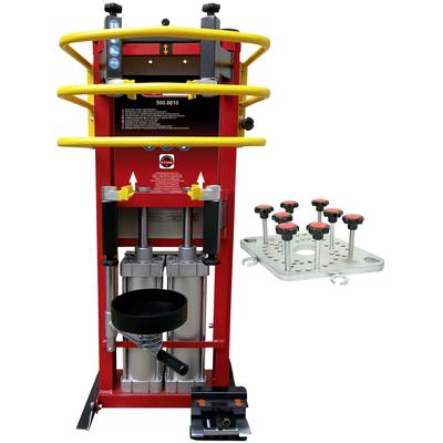 Ein rotes hydraulisches Werkzeug mit gelben Sicherheitsschienen, geeignet für Autowerkstätten. Rechts davon eine Halterung mit Bolzen.