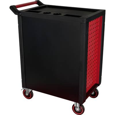 Schwarzer Rollwagen mit rotem Griff und roten Rädern, Seitenwände teils rot und perforiert. Ideal für Transportzwecke.