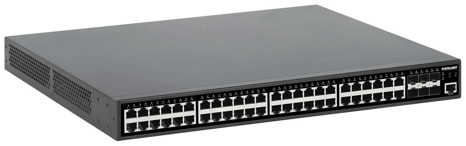 Ein schwarzer, rechteckiger Netzwerk-Switch mit 48 Ethernet-Ports und Leuchtanzeige auf der Vorderseite.