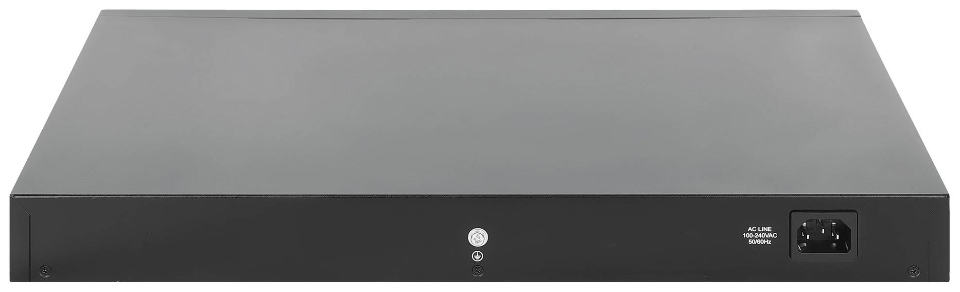 Schwarzes elektronisches Gerät mit Steckerbuchse auf der rechten Seite. Frontansicht ohne sichtbare Bedienelemente oder Anzeigen.