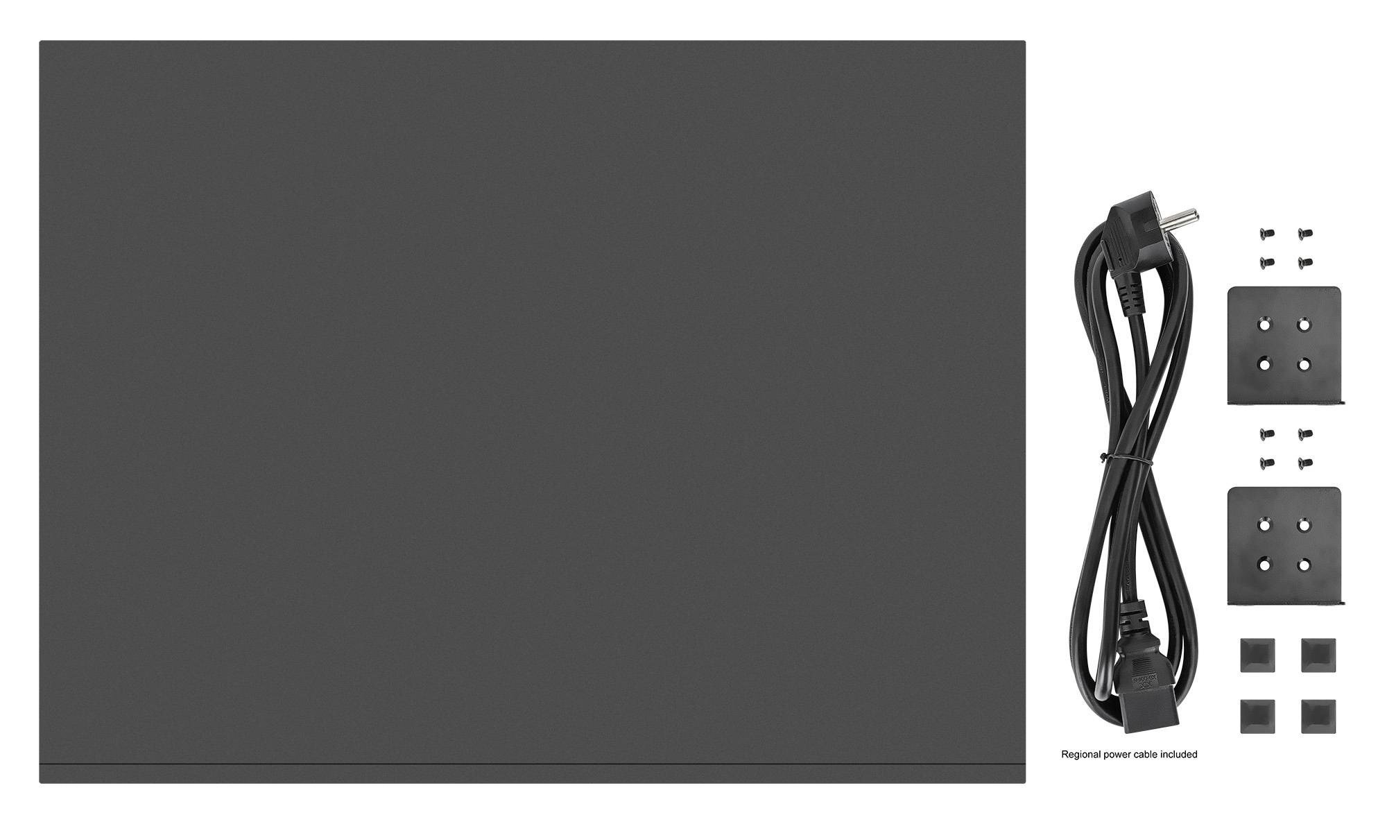 'Schwarze Montagetafel mit abgebildetem Netzkabel und Montagezubehör. Regionale Netzkabel sind nicht enthalten.'