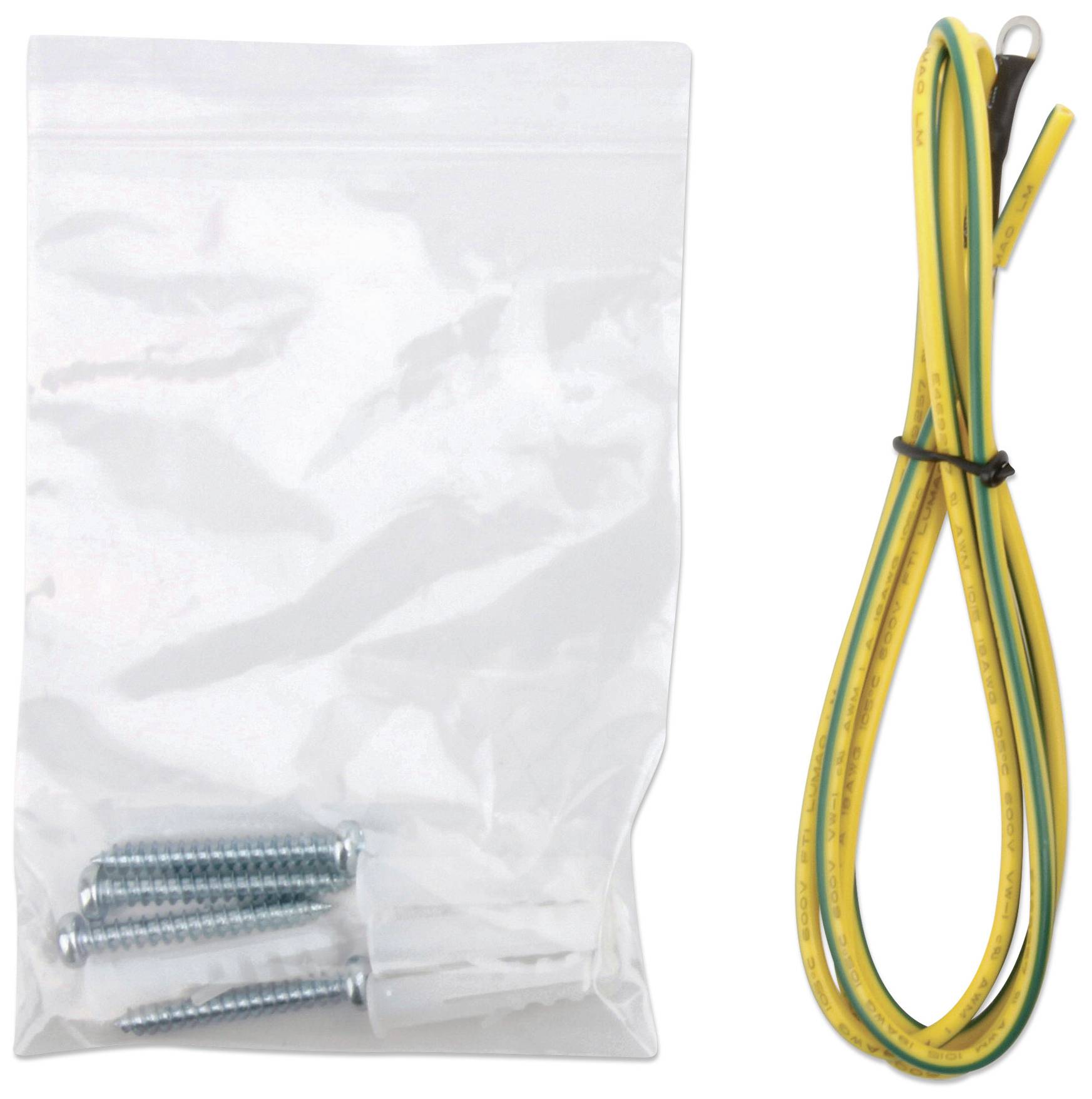 Plastiktüte mit zwei Metallschrauben und einem Dübel, daneben gebündelte gelbe und grüne Kabel mit einer Ringkabelschuh.