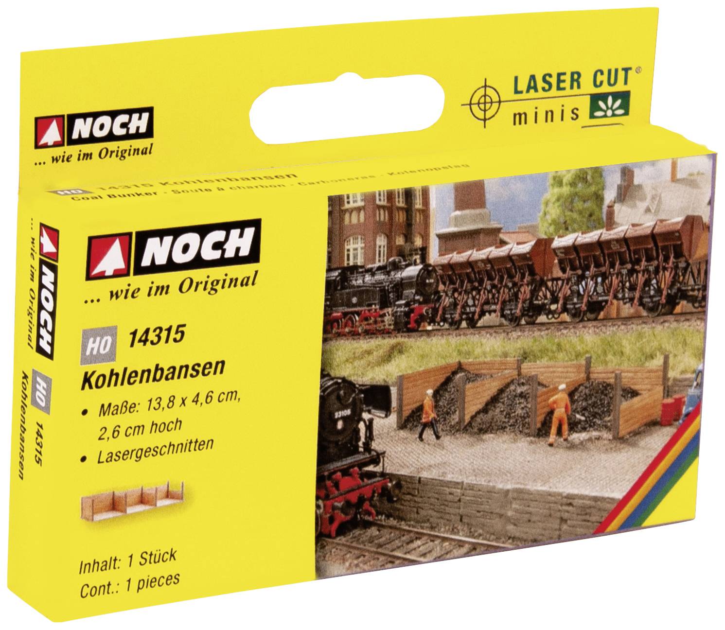 Verpackung eines Modellbahn-Zubehörs im H0-Maßstab. Zeigt eine Kohlenbansen-Szene mit Figuren und einem Zug. Produktnummer 14315, Marke NOCH.
