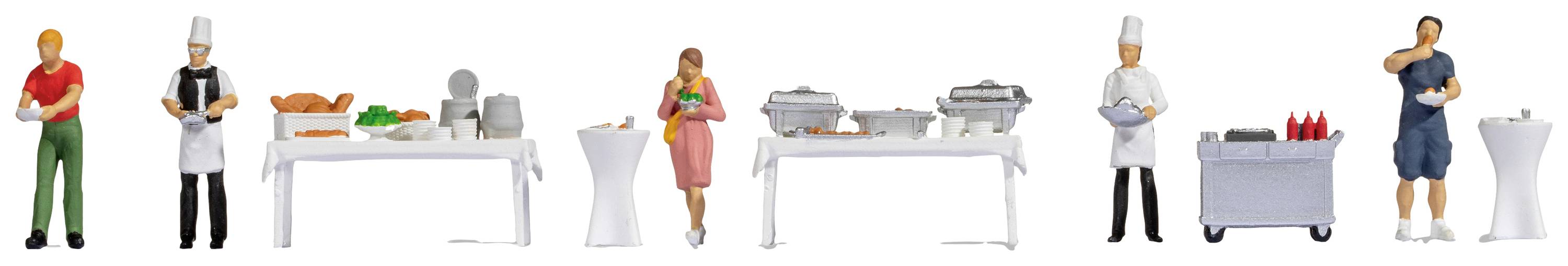 Miniaturmodelle einer Catering-Szene mit Figuren von Köchen und Kellnern, die an Tischen mit Essen und Getränken stehen.