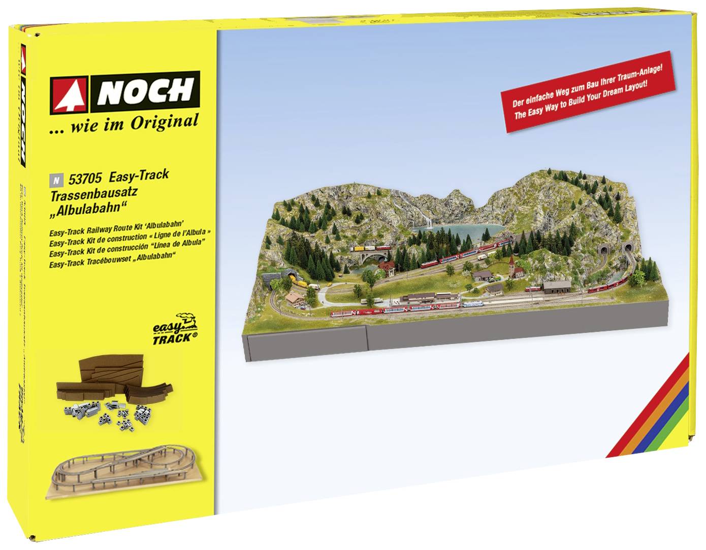 Bausatz für Modelleisenbahnlandschaft mit Bergen, Bahnstrecke und See. Verpackung zeigt fertiges Diorama mit Beschriftung 'Albulabahn'.
