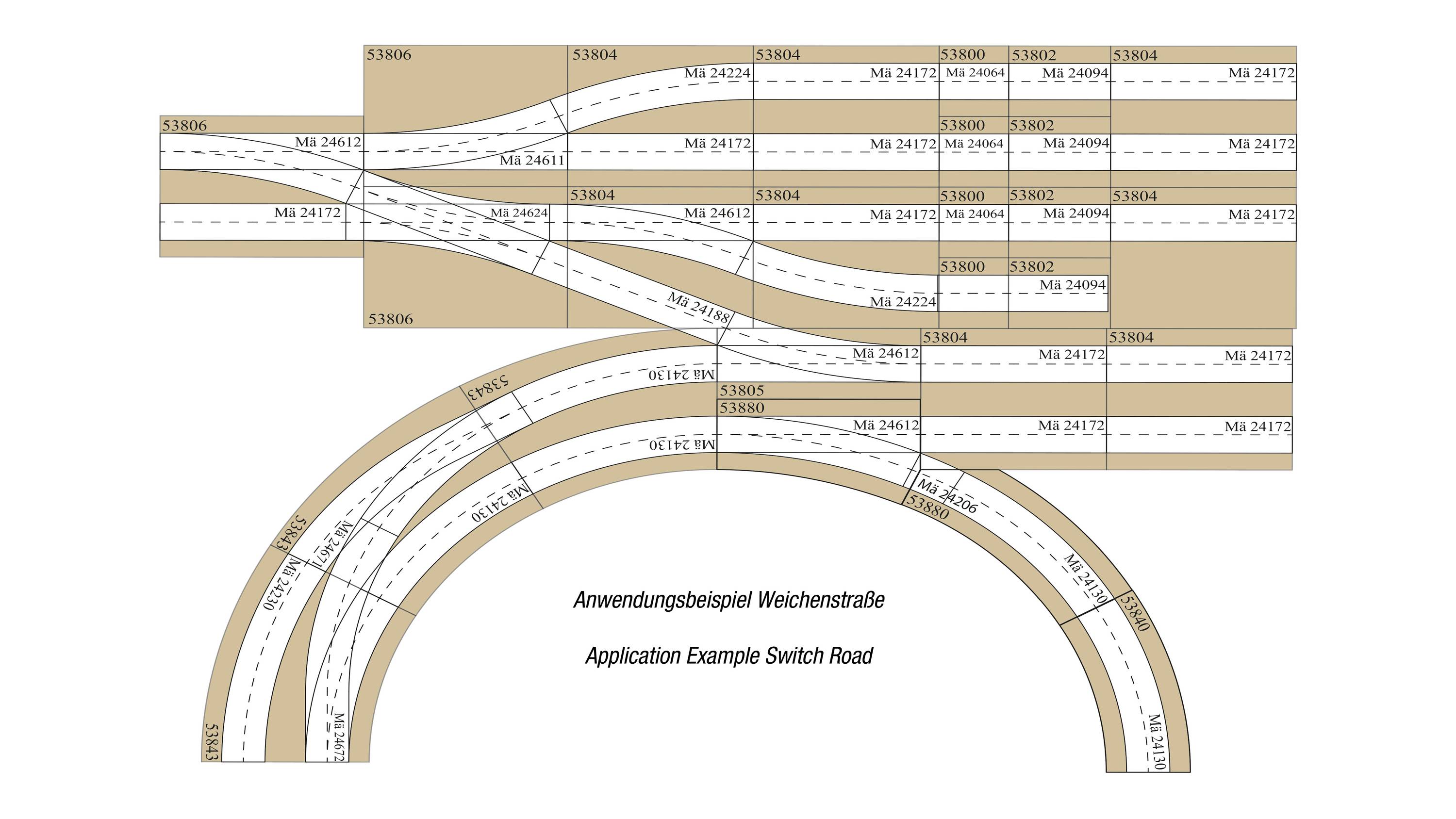 Diagramm zeigt Weichenstraßen mit diversen Schienenverbindungen und Maßen. Titel: 'Anwendungsbeispiel Weichenstraße'.