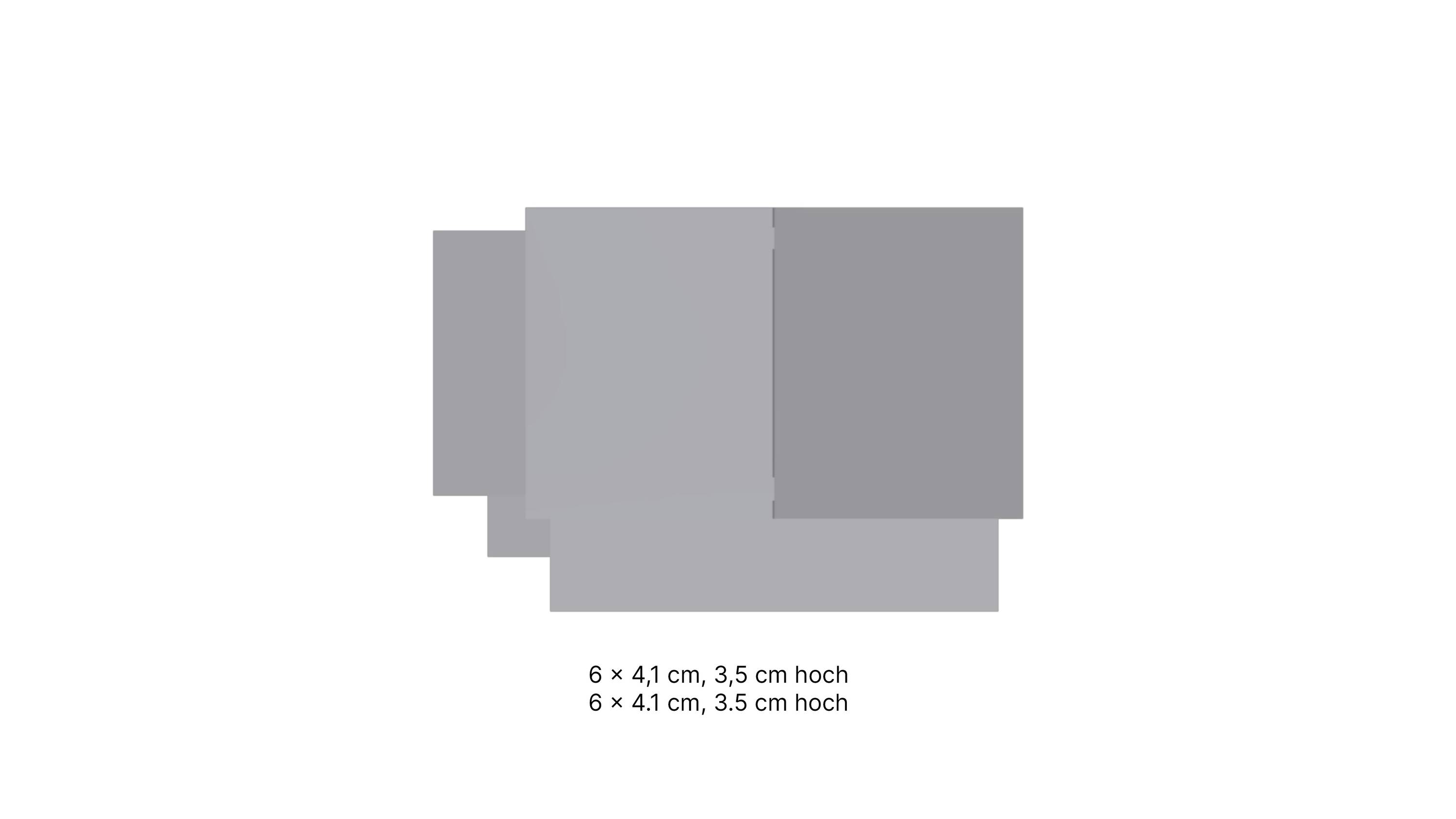 'Graustufen-Illustration von drei überlappenden Rechtecken, jedes mit den Maßen 6 x 4,1 cm und 3,5 cm hoch.'