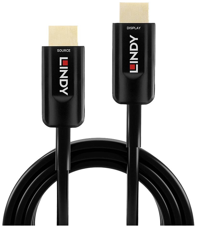 Ein schwarzes HDMI-Kabel mit der Aufschrift 'Source' und 'Display' auf den Steckern, markiert mit dem Logo einer Elektronikmarke.