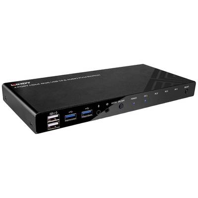 Schwarzer HDMI-Switch mit vier USB- und HDMI-Anschlüssen. Tasten zur Auswahl von PC1 bis PC4, zwei Audioanschlüsse und Lichter zur Statusanzeige.