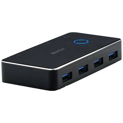 Ein schwarzer USB-Hub mit vier blauen USB-3.0-Anschlüssen an der Vorderseite und einem leuchtenden blauen Kreis auf der Oberseite.