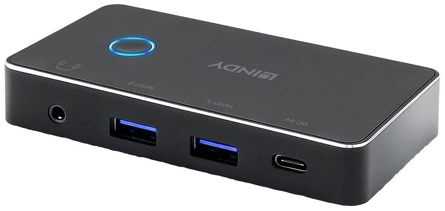 Schwarzer USB-Hub mit zwei USB-Anschlüssen, einem USB-C-Anschluss und einem blauen Leuchtknopf oben.