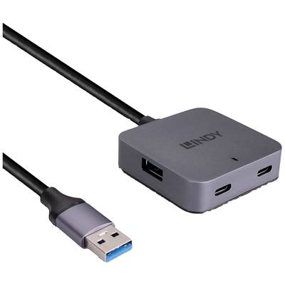 USB-Adapter mit einem USB-A-Stecker und drei Anschlüssen auf der anderen Seite: zwei USB-C und einer USB-A. Gezeigt auf weißem Hintergrund.
