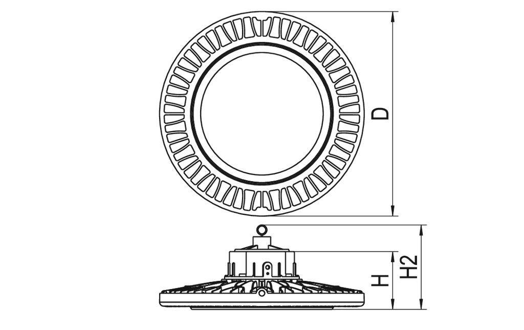 Skizze einer runden LED-Leuchte von oben und der Seite, mit angegebenen Maßen: Durchmesser (D), Höhe (H) und Unterseite (H2).