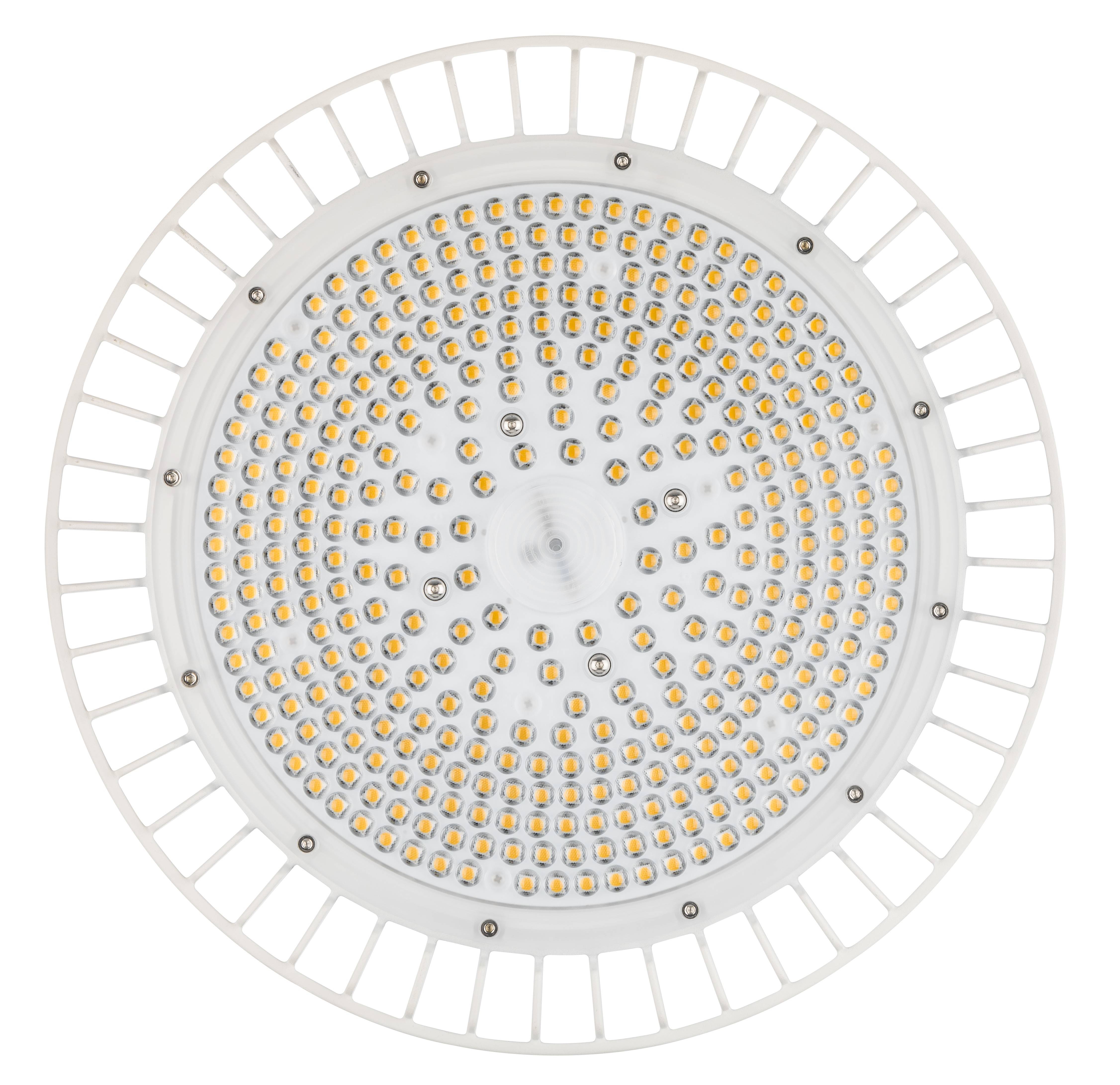 Runde LED-Lampe mit einem Gitterdesign und vielen kleinen, leuchtenden Dioden in konzentrischen Kreisen, Ansicht von unten.