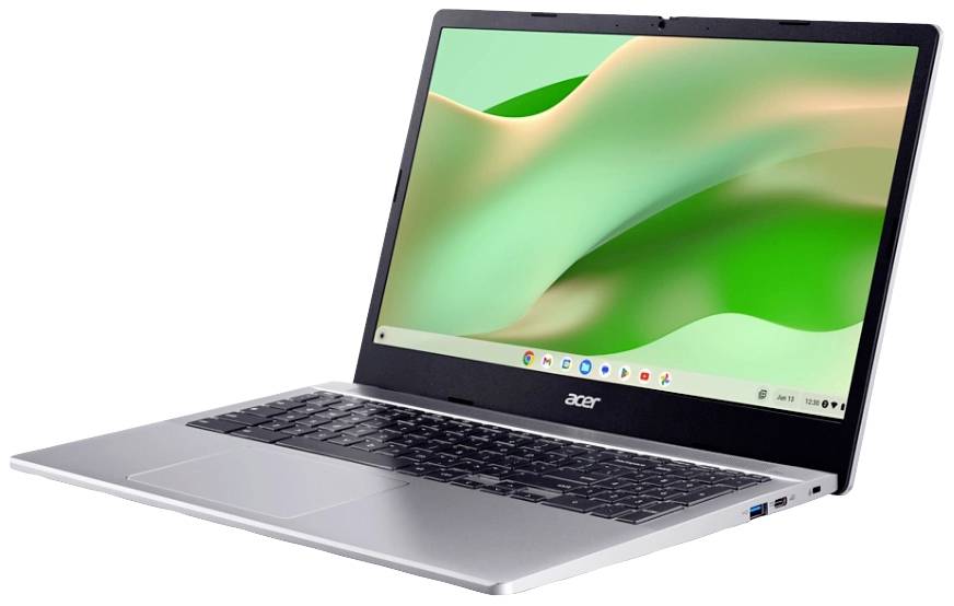 Ein silberner Laptop mit geöffnetem Bildschirm zeigt eine abstrakte grün-weiße Hintergrundgrafik. Das Gerät hat eine Standardtastatur.